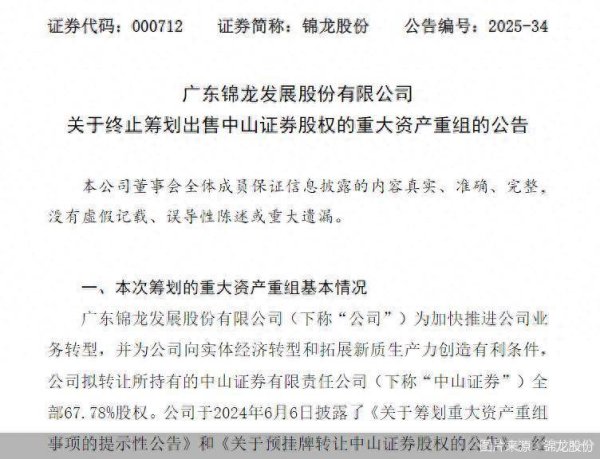 券商配资开户 锦龙股份：终止筹划出售中山证券股权的重大资产重组